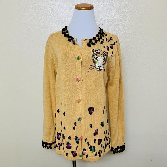 Storybook Knit Embellished Sequined Cheetah Cardigan Small Tan - Picture 1 of 13